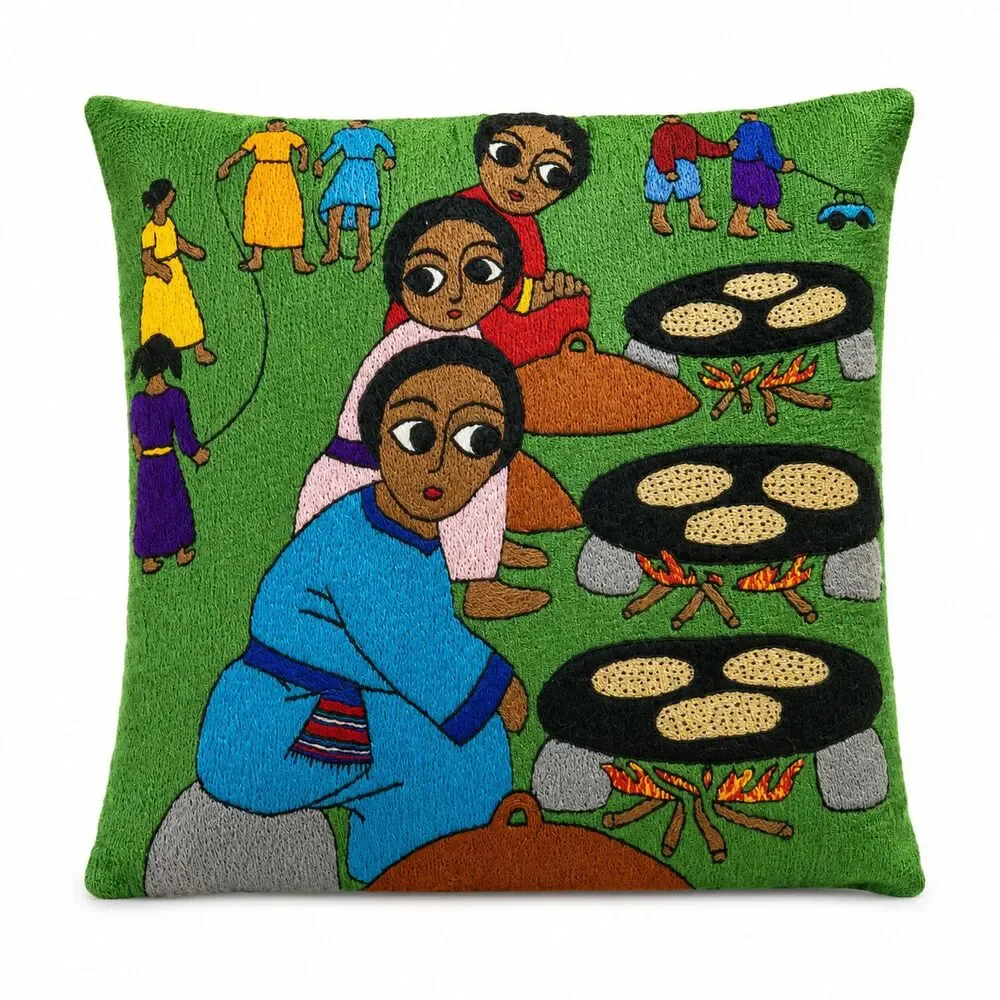 Vintage Handmade African Folk Art Embroidered Pillow Cover 14x14 Cooking Scene